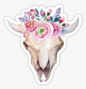 Bull Skull With Floral Crown By Joellis - Hipster Flower Watercolor