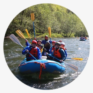 Six Helmeted Whitewater Rafters And Their Guide Lift - Rafting