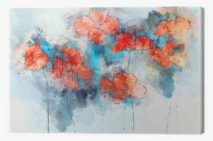 Abstract Red Poppy Flowers On Splashed Watercolor Background, - Watercolor Painting