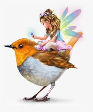 Little Fairy Girl Riding A Bird - Portable Network Graphics