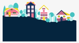 An Illustrated Row Of 4 Colorful Houses - Cartoon Row Of Houses