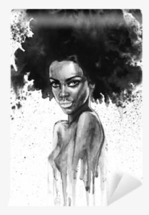 Painting Fashion African Woman Portrait With Splashes - Monochrome Portrait Watercolor Painting