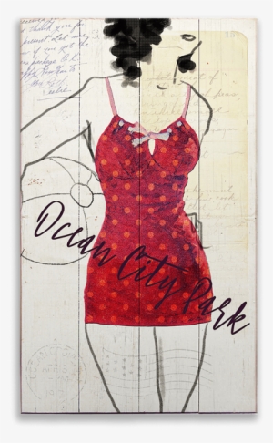 View Zoom Red Bathing Suit With Beach Ball Postcard - Sketch