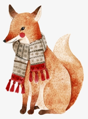 Hand Painted Fox Animal With Scarf Transparent - Christmas Raccoon Illustration