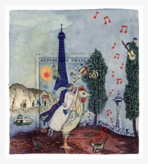 With Watercolor & Gouache, Molly Rausch Presents Her - 1963 France Les Fiancees Chagall Painting Stamp Gr