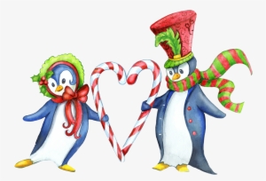 Amb Illustrations [watercolor Christmas] - Pinguin-paare, Herz-zuckerstange-frohe Weihnachten