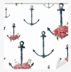 Watercolor Pattern With Anchor And Peony Flower - Peony