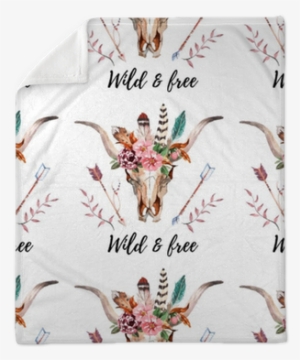 Watercolor Boho Skull Boho Watercolor Seamless Pattern - Bulls With Flowers