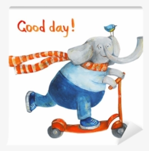 Elephant On Scooter With Bird - Drawing