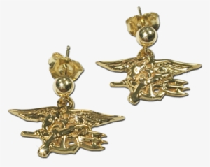 14k Gold Seal Trident Post Dangle Earrings - United States Navy Seals