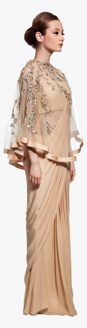 Draped Champagne Saree Gown And Cape - Champagne