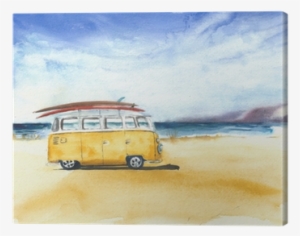 Beach Landscape Minivan Surfboards Yellow Bus Travel - Watercolor Painting