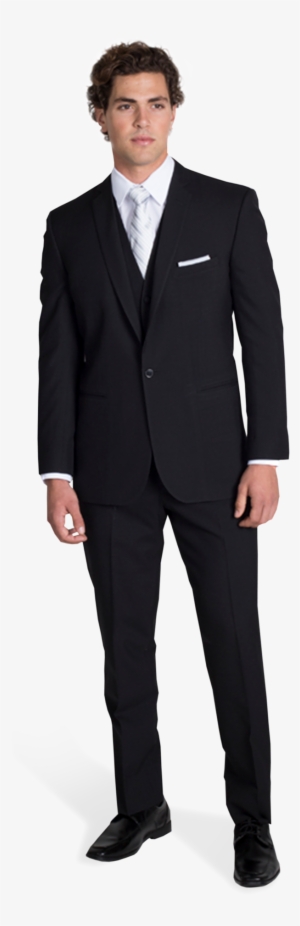Black Notch Lapel Suit With Silver Tie