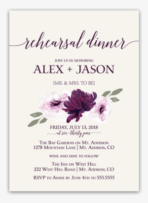 Purple Watercolor Flowers Wedding Rehearsal Invitation - Flower