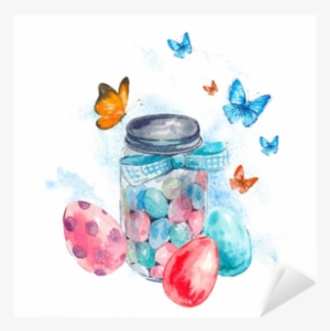 Watercolor Glass Jar With Candy, Butterfly And Eggs - Watercolor Painting