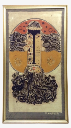 Mid Century Batik Man And Sun Large Painting Wall Art - Modern Art