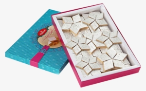 2 Designer Rakhis With Pink & White Stone Puja Thali - Kaju Katli