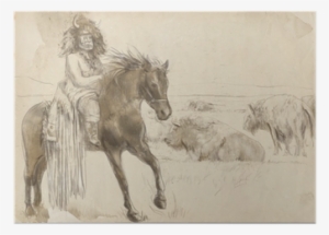 Indian Chief Riding A Horse, Watching Buffalo Herd - Stallion