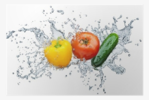 Tomato, Cucumber, Pepper In Spray Of Water Poster •