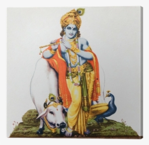Image Of Hindu God Krishna With Cow, Peacock , Flute - Lord Krishna With Cow