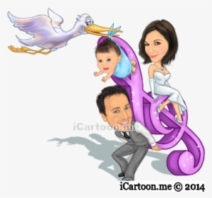 Stork Bringing Baby And Treble Clef - Cartoon