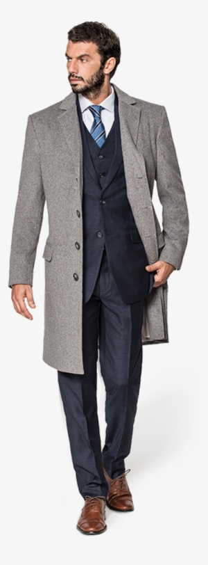 Men Grey Coat - Long Coat Over Suit