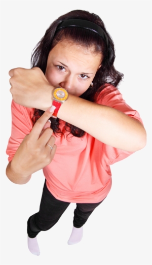 Happy young girl pointing at her watch