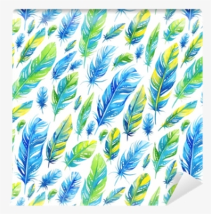 Seamless Watercolor Pattern With Blue And Green Feathers - Feather