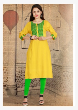 Indijoy Kurta- Yellow With Green Patch Neck - A-line