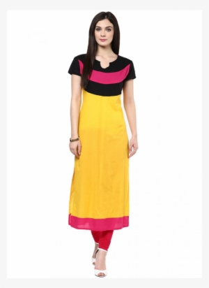 Shop Designer Yellow With Pink Black Cotton Kurti - Kurtis Png