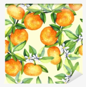 Tangerine Branches With Fruits And White Flowers, Seamless - Watercolor Painting