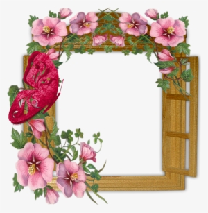 Wooden Winow With Flowers And Butterfly Transparent - Flowers Photo Frame Download