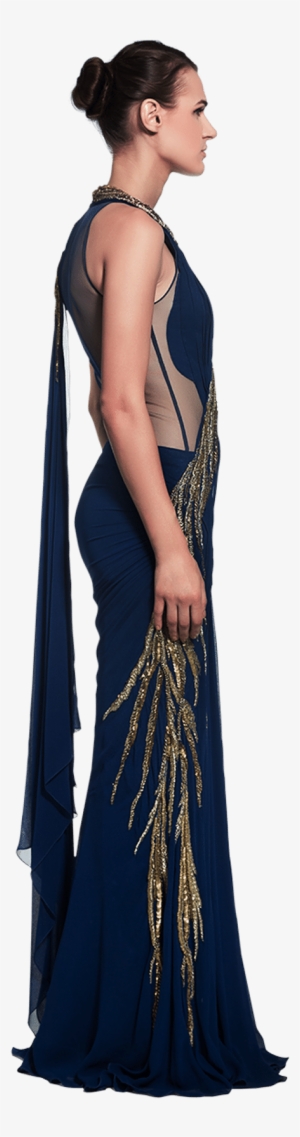 Deep Blue Saree Gown With Gold Embellishments - Blue