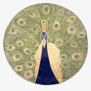 Stylized Round Ceramic Panel Of Peacock Head And Tail - Ceramic