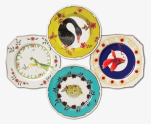 Four Vintage Style Dessert Plate With Brightly Coloured - Lou Rota Plates