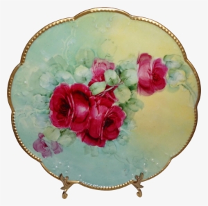 Antique Ak French Limoges Plate Hand Painted Ruby Red - Artificial Flower