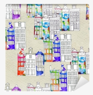 Seamless Pattern Eith Watercolor Amsterdam Houses Wall - Watercolor Painting