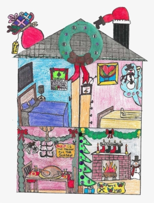 Kid Drawn Christmas House Inside - Illustration