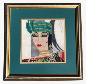 Framed Vintage Art Deco Fashion Woman Needlepoint Art - Needlepoint Art