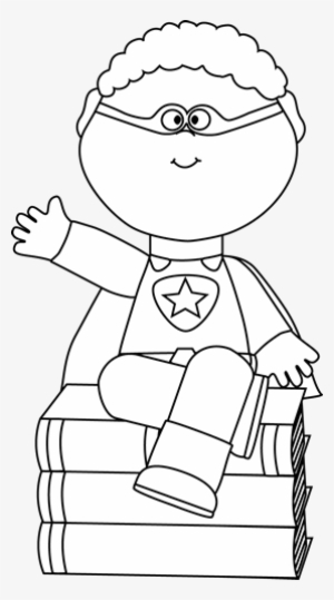 Black And White Superhero Sitting On Books - Super Reader Clipart Black And White