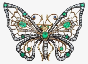 Emerald Diamond Silver And 14 Karat Gold Butterfly - Brooch