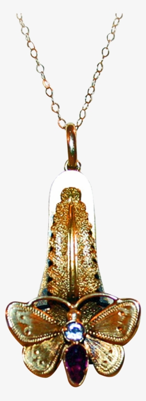 Golden Butterfly Necklace 15kt Gold, Garnet, Paste