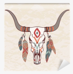 Vector Illustration Of Bull Skull With Feathers Wall - Cow Skull With Feathers