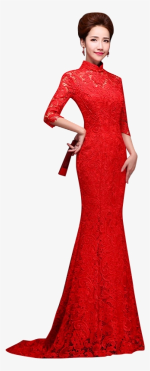 Bsjy-15258 Half Sleeve Hollow Back Red Lace Trailing - Chinese Wedding Dresses Transparent