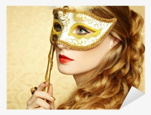 Beautiful Young Woman In Mysterious Golden Venetian - Mask