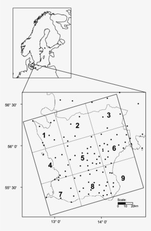 Location Of The Rca1 Grid Boxes In Scania And Their - Map Of Europe