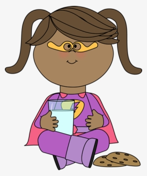 Girl Superhero With Cookies And Milk Clip Art - Girl Drinking Milk Clipart