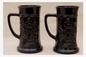 2 Vintage Tiara Indiana Black Milk Glass Beer Steins - Antique