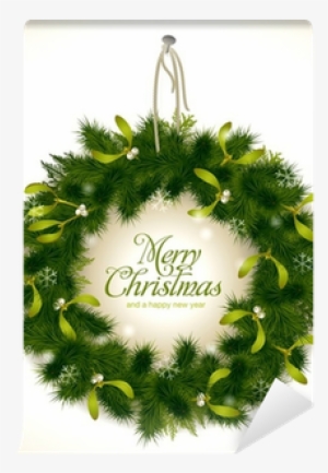 Natural Christmas Wreath With Fir And Mistletoe Wall - Poieloi Merry Christmas Wall Decor Wall Decal