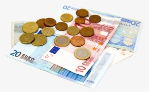 A Pile Of Euro Notes And Coins - Euro White Background